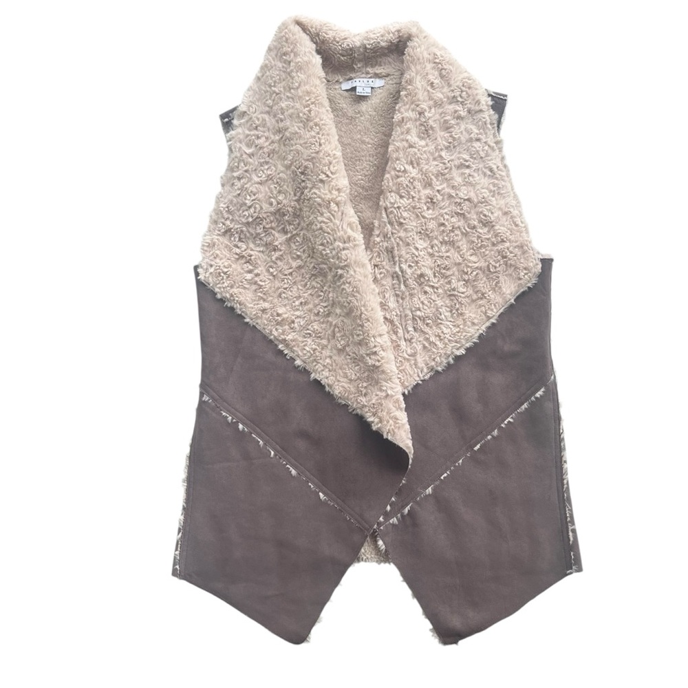 Favlux Fashion Women’s L Brown Faux Suede Sherpa Lined Waterfall Drape Open Vest